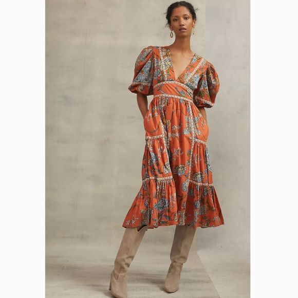 🌟🎉 HP 🎉🌟 ANTHROPOLOGIE | Love The Label Puff-Sleeved Tiered Midi Dress - Picture 1 of 11